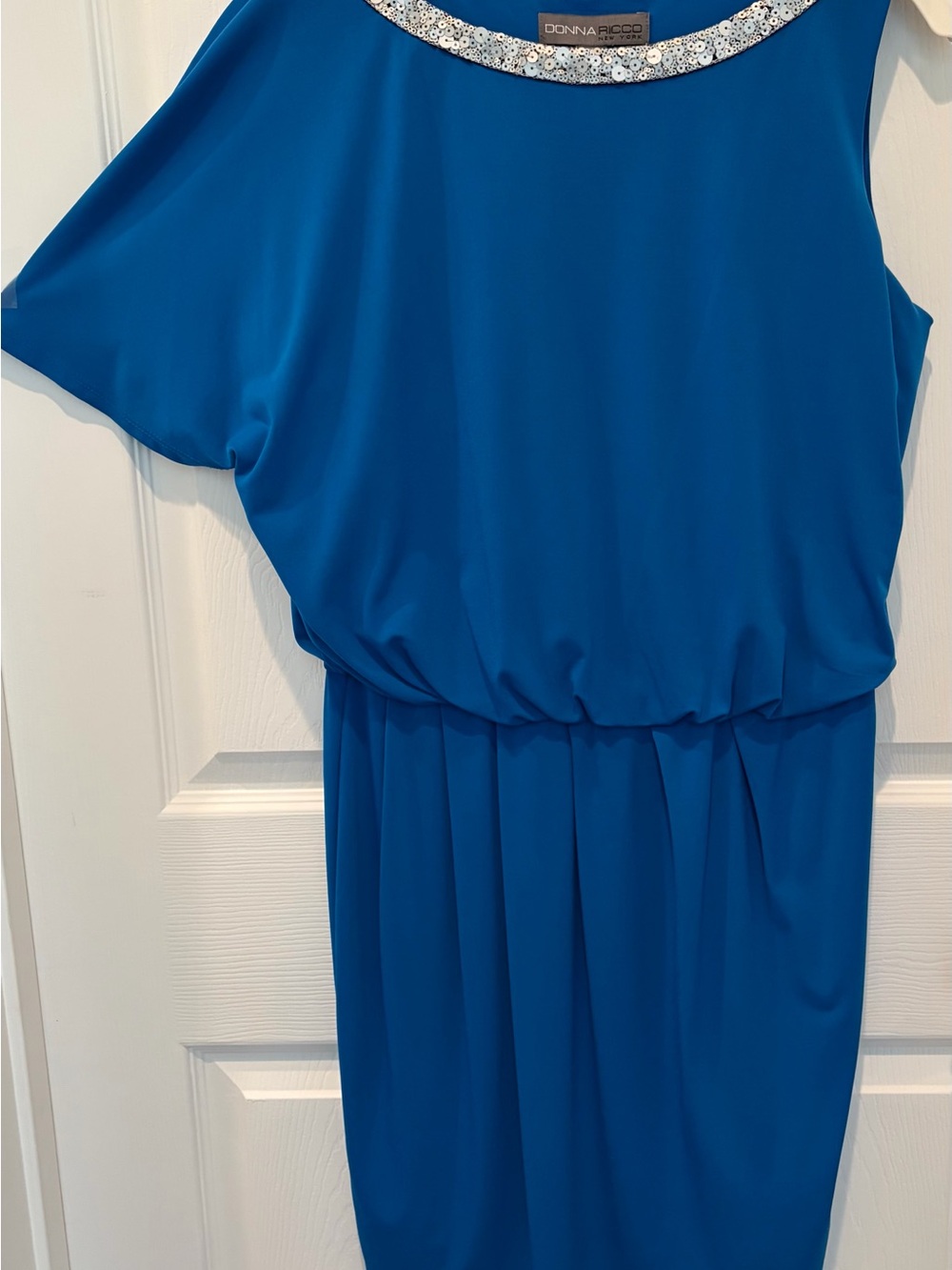 Donna Ricco Rich Blue Dress with Blouson Waist, One Sledve